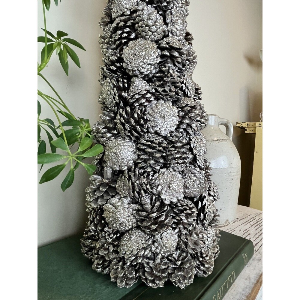 Christmas Handmade Silver Holiday Pinecone Glitter  Tree Wire Base 24” x 10”